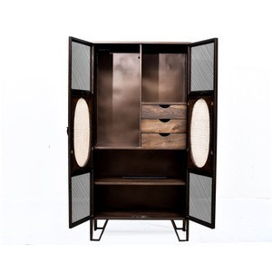 工业复古风格芒果木手杖设计&amp；铁顶玻璃2门Almirah/卧室家具衣柜