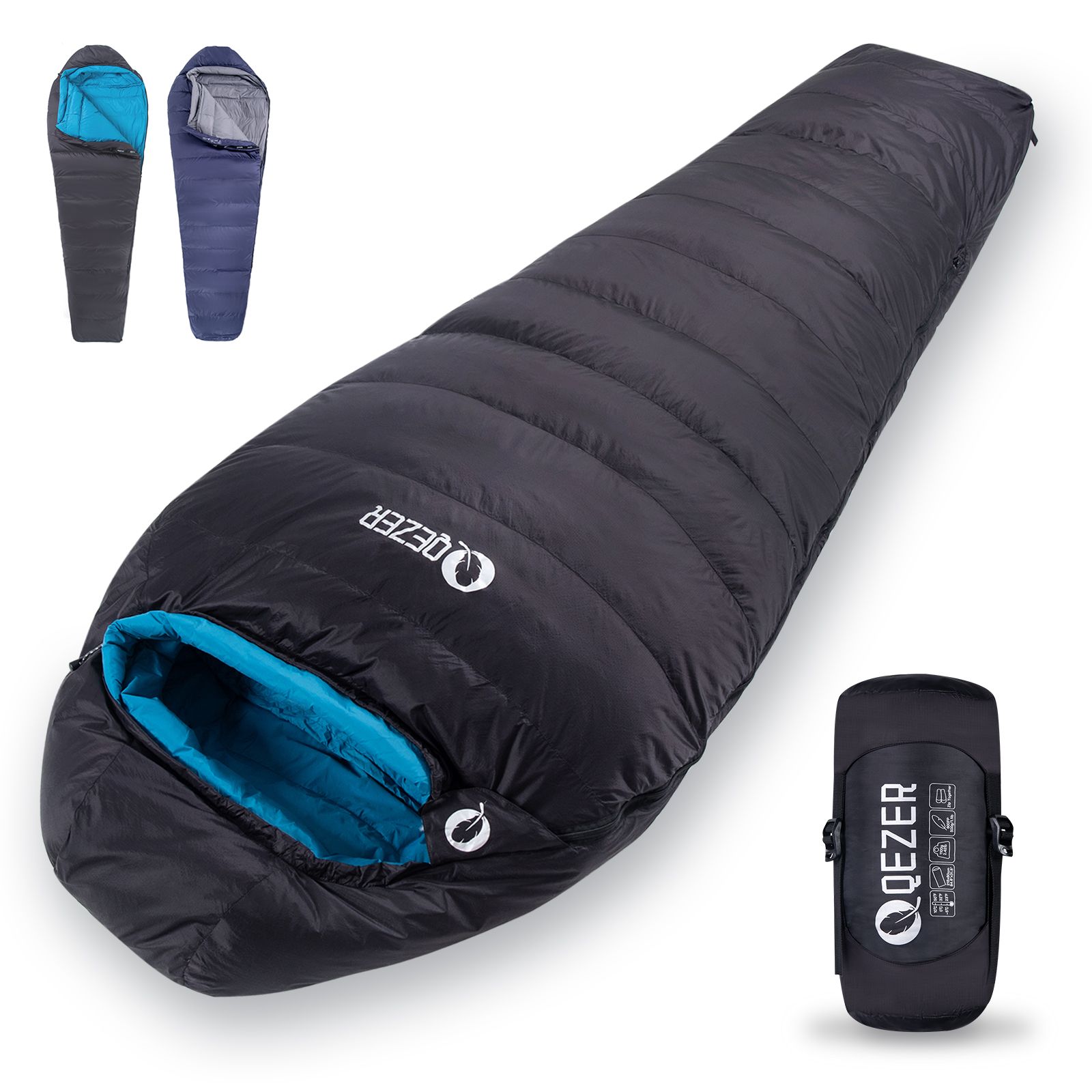 Qezer羽绒睡袋10°F 32°，用于露营、背包旅行