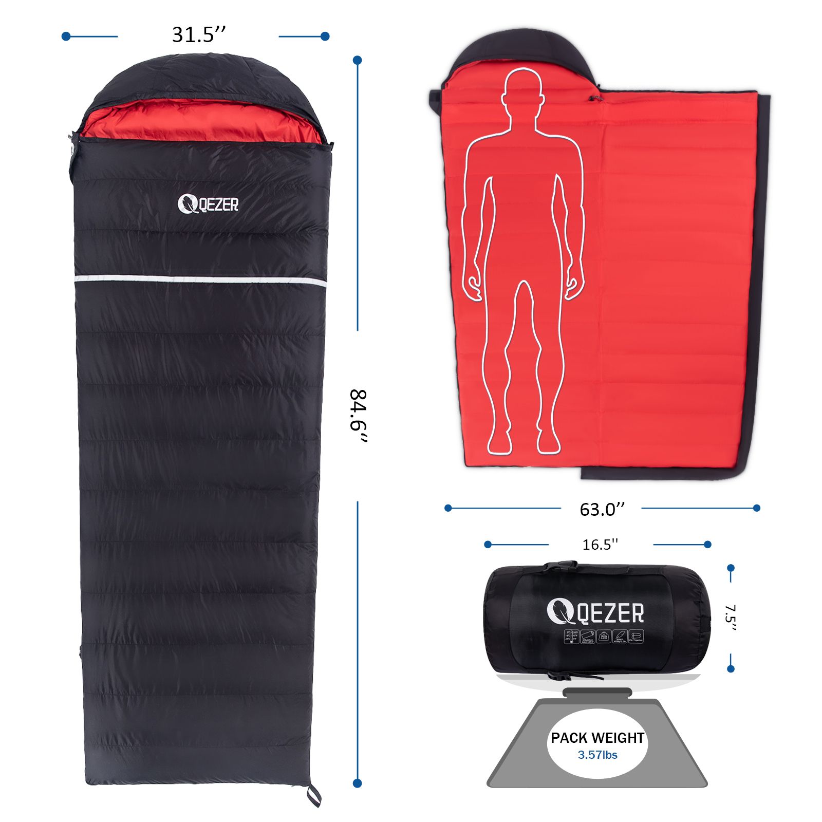 Qezer羽绒睡袋10°F 32°，用于露营、背包旅行