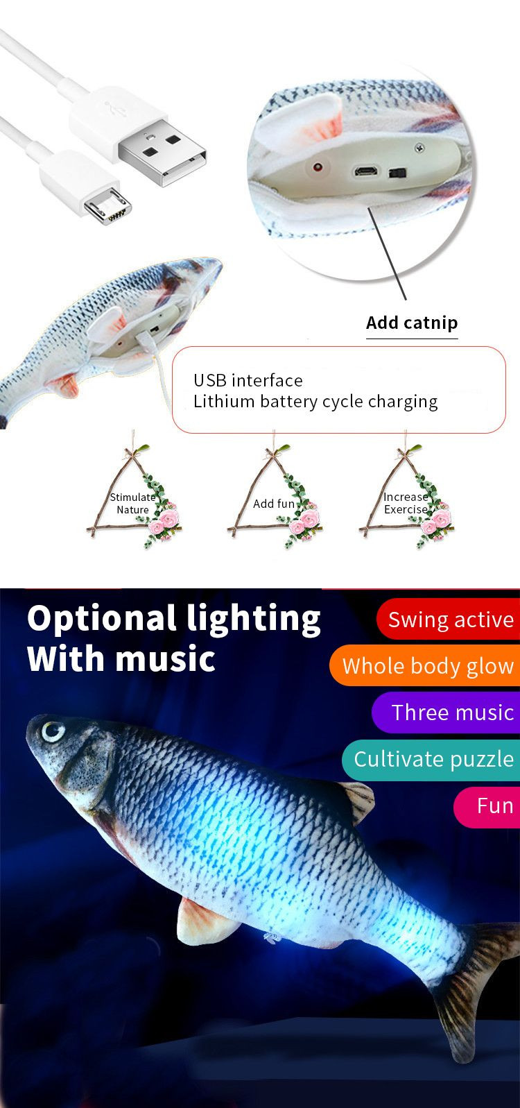 Usb 3d软萌移动猫猫软毛自动电动咀嚼宠物互动鱼猫玩具